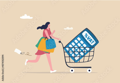 VAT Value Added Tax, consumption tax on value added of product and service for consumer to pay, percentage concept, woman carry shopping bags with VAT price tag and calculator on shopping cart.