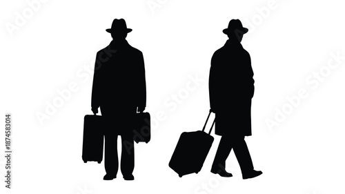 Two men with suitcases walking in a striking black silhouette
