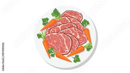 Fresh raw beef slices, perfectly arranged on a white plate with vibrant carrots and parsley garnish, ready for a delicious and wholesome meal preparation.