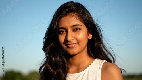 Wallpaper Mural Beautiful Young Woman Smiling Outdoors with Blue Sky Torontodigital.ca