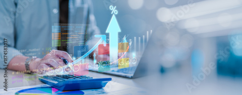 Tableau sur toile Business graph with percentage, special offer of shopping department store discount and tax concept, adjusting interest rates, raising interest rates to fight inflation, returns on investments