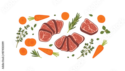 Assortment of fresh raw beef cuts, vibrant carrots, fragrant rosemary, and thyme sprigs artfully arranged, perfect for a gourmet meal preparation concept.