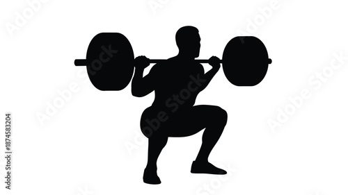 A black silhouette of a weightlifter performing a squat with a barbell silhouette