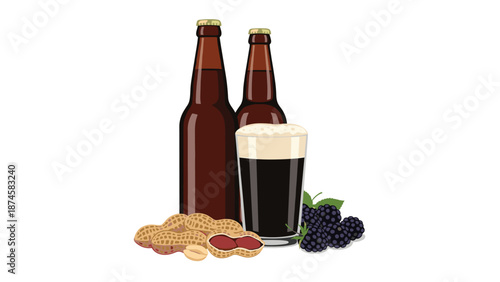 Refreshing dark beer in a glass, flanked by two brown bottles, with roasted peanuts and fresh blackberries, illustrating a classic beverage and snack pairing.