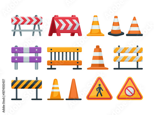 Set of colorful traffic cones and barriers for road safety