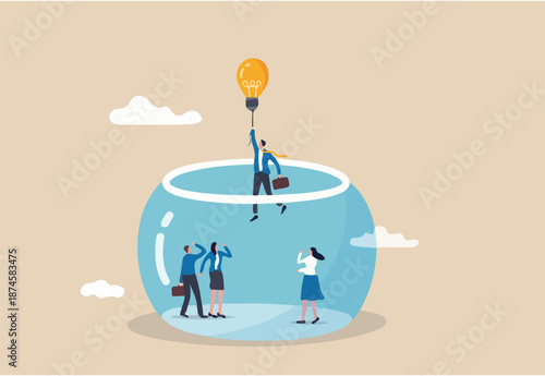 Entrepreneurship escape from routine job, freedom idea to start new business, solution to solve problem concept, smart businessman entrepreneur flying with lightbulb idea balloon escape from fish tank