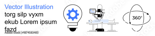 Innovation, robotics, medical technology, automation, virtual interface, creative solutions. Gear inside lightbulb, robotic surgical table 360-degree view symbol. Innovation and robotics concepts