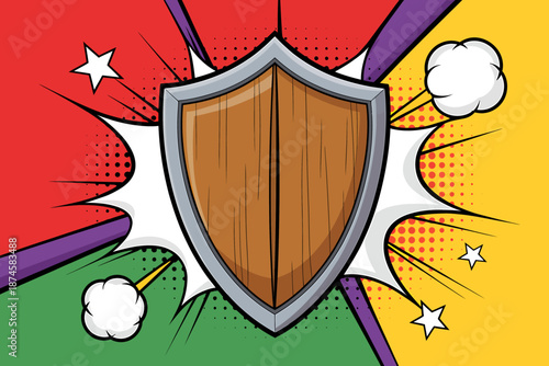 Vibrant Shield Illustration with Explosion Background