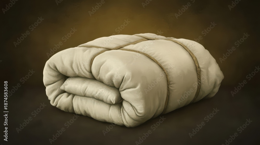 Fototapeta premium A rolled up insulating sleeping mat made of soft fabric tied with rope for portable comfort and warmth