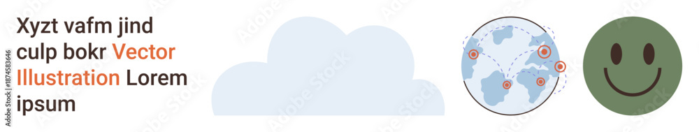 Fototapeta premium Cloud computing, global communication, mental health, data sharing, networking, positivity. A cloud, world map with connection dots and happy face. Cloud computing and global communication concept