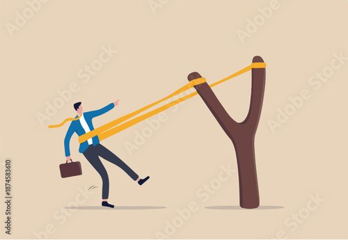 Entrepreneurship ready to launch new project or work improvement, boost career development, speed up business growth concept, brave businessman pull rubber band ready to launch slingshot flight