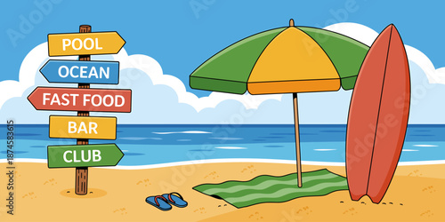 Beach Scene with Signs and Surfboard on Sandy Shore