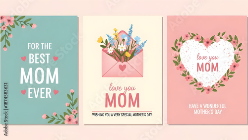 Collection of happy mothers day cards with flowers and colorful designs on various backgrounds for mom