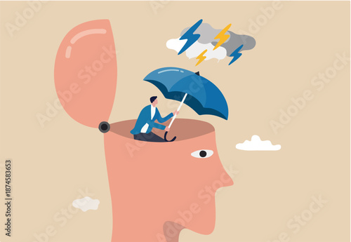 Mental health protection, depression or anxiety control or cure, help, support mental illness suffering concept, human head with his self using umbrella to protect from heavy raining storm depression.