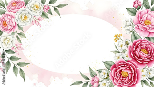 Pink and white floral frame with roses and leaves on white background