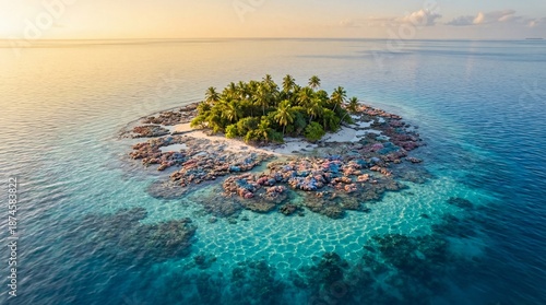 Aerial view of a picturesque tropical island surrounded by crystal-clear waters and vibrant coral reefs, showcasing lush palm trees and serene beauty.
