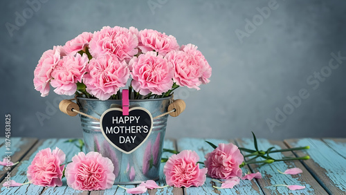 Pink carnations in a metal bucket with a happy mothers day sign on a blue wooden table
