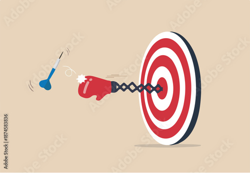 Tough time or career struggle, trouble, difficulty or obstacle to achieve business target, hard situation to losing competition, boxing glove come out of dartboard bullseye to punch dart from target.