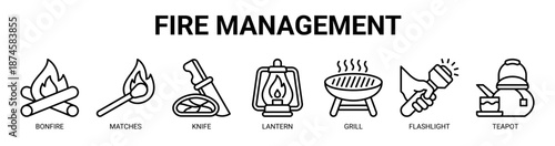 Fire Management web banner icon vector illustration concept with icon of axe, bonfire, matches, knife, lantern, grill, flashlight.