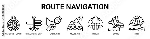 Route Navigation web banner icon vector illustration concept with icon of cardinal points, directional sign, flashlight, mountain, forest, boots.