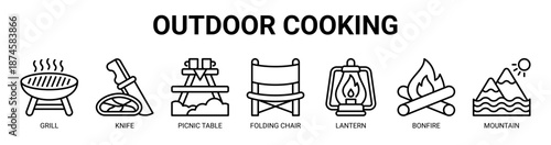Outdoor Cooking web banner icon vector illustration concept with icon of teapot, grill, knife, picnic table, folding chair, lantern, bonfire.
