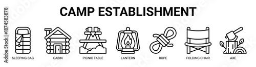 Camp Establishment web banner icon vector illustration concept with icon of tent, sleeping bag, cabin, picnic table, lantern, rope, folding chair.