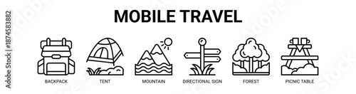Mobile Travel web banner icon vector illustration concept with icon of camper van, backpack, tent, mountain, directional sign, forest, picnic table.