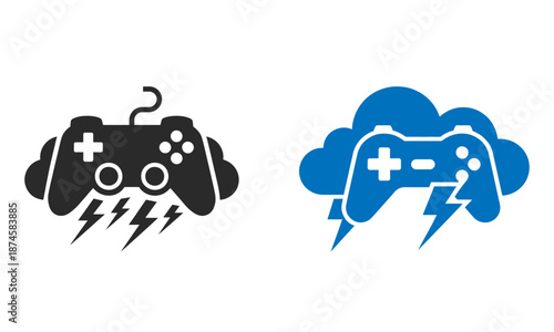 Two Game Controllers with Lightning Bolts in Clouds on White Background gaming remote