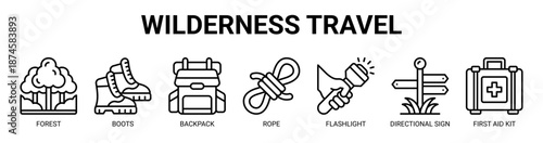 Wilderness Travel web banner icon vector illustration concept with icon of mountain, forest, boots, backpack, rope, flashlight, directional sign.