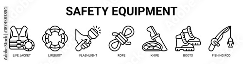 Safety Equipment web banner icon vector illustration concept with icon of first aid kit, life jacket, lifebuoy, flashlight, rope, knife, boots.