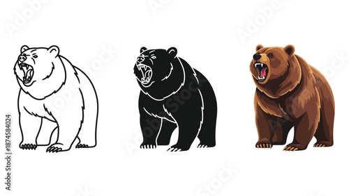 Set of three grizzly bear illustrations outline, silhouette and full color