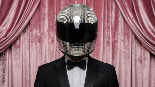 Person in a formal black tuxedo wearing a mirror ball disco helmet standing in front of pink velvet theater curtains