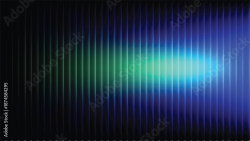 A gradient background with green and blue light shining through vertical blinds abstract