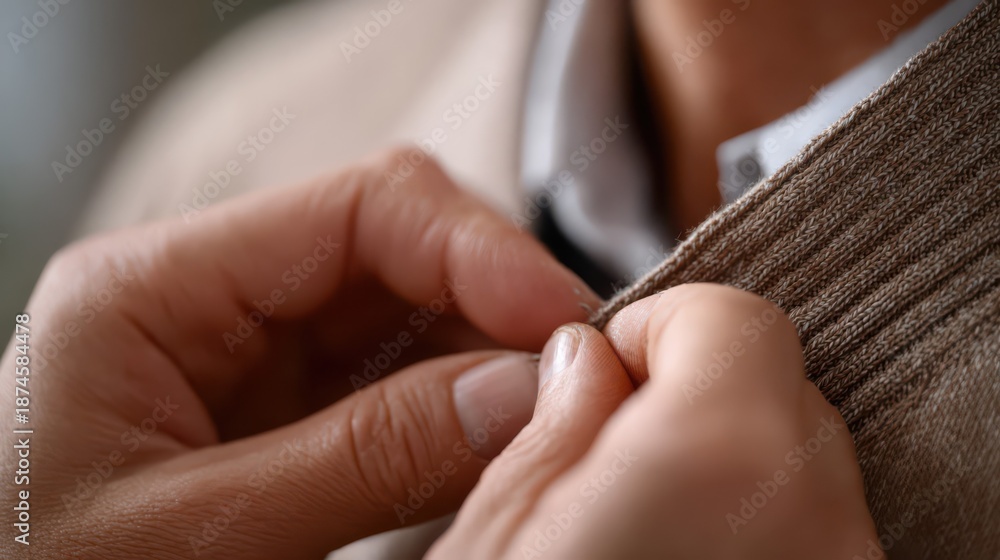 Obraz premium Man buttoning a brown cardigan sweater