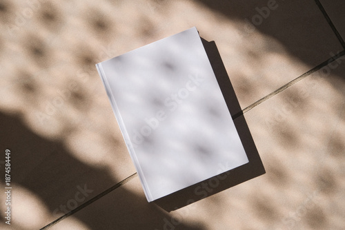 empty magazine mockup on tile stone floor or pavement outdoors, shadow overlay