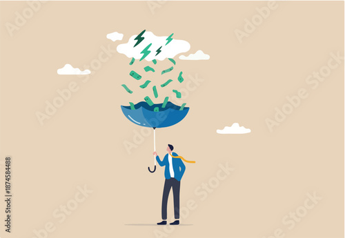 Make money idea, passive income or profit and dividends from stock market investment, financial success concept, rich businessman using umbrella to collect falling money from investment thunderstorm.