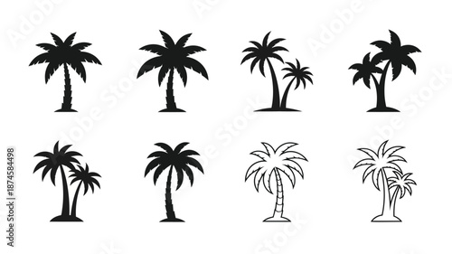 Collection of tropical palm trees in various arrangements black silhouette