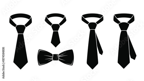 Collection of various neckties and a bow tie black and white silhouette
