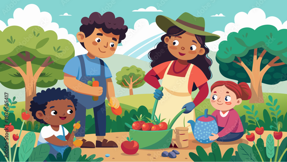 Naklejka premium Happy family gardening together in nature, harvesting vegetables and watering plants on a bright sunny day