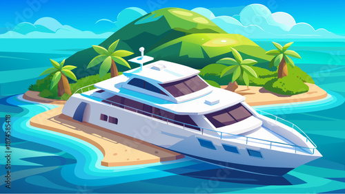 Luxury yacht docked on a tropical island with palm trees, clear blue water, and lush green hills under a sunny sky