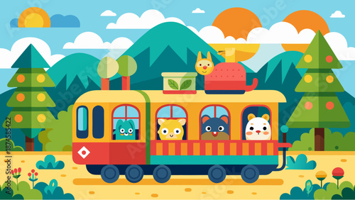 Colorful cartoon train with cute animal passengers traveling through a scenic forest with mountains and sunshine