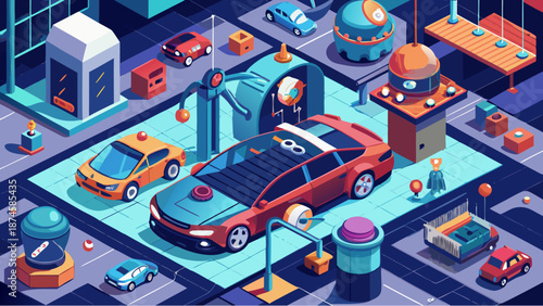 Futuristic isometric car factory with robots assembling self-driving vehicles in a high-tech urban environment