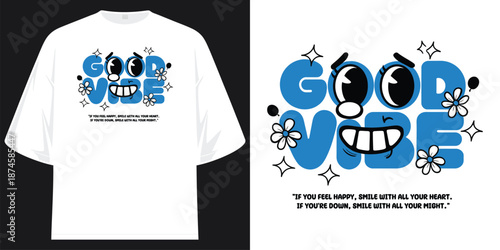 good vibe cartoon happy smile flower retro 90s aesthetic street wear graphic t shirt design vector illustration artwork