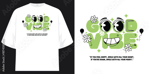 good vibe cartoon happy smile flower retro 90s aesthetic street wear graphic t shirt design vector illustration artwork