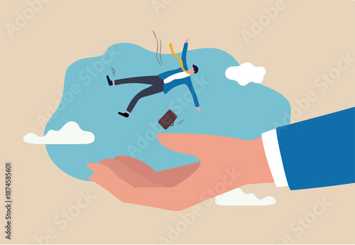Business support, insurance or emergency money to rescue in economic crisis or investing margin of safety to protect losses concept, businessman investor falling from the sky into a soft helping hand.