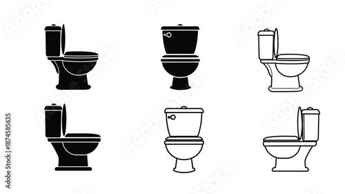 Various toilet designs and styles shown in a black and white silhouette