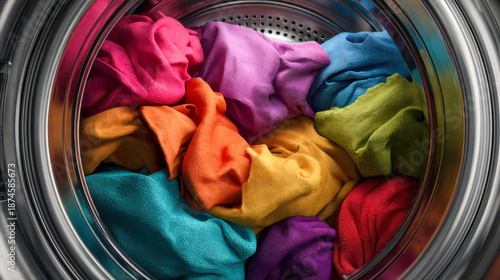 Colorful clothes spinning in a washing machine during a household chore in a laundry room