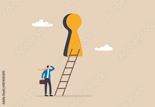 Business opportunity or ladder of success, challenge ahead for career development and personal improvement, motivation and inspiration concept, businessman climbing up ladder through secret keyhole.