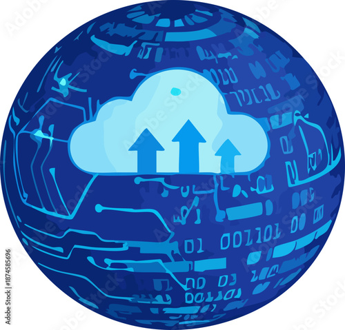 A stylized blue digital globe featuring a cloud with upward arrows represents cloud computing, data upload, and global digital infrastructure.