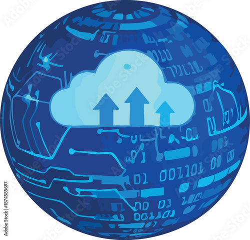 A stylized blue digital globe featuring a cloud with upward arrows represents cloud computing, data upload, and global digital infrastructure.